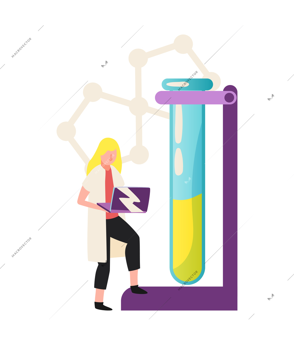 Science flat color icon with female scientist and laboratory tube vector illustration