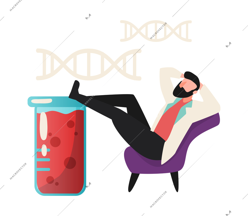 Flat funny science icon with relaxing scientist tube and images of dna chain vector illustration