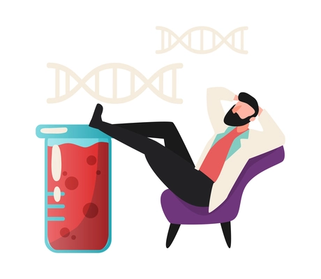 Flat funny science icon with relaxing scientist tube and images of dna chain vector illustration