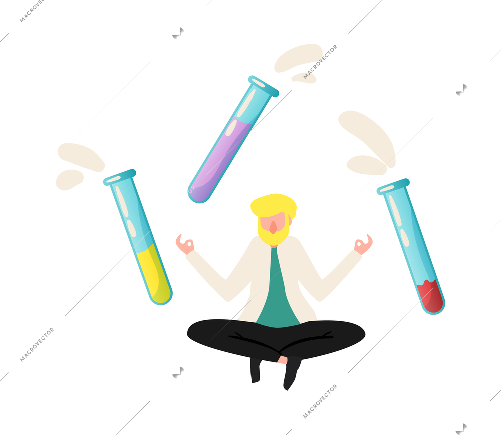 Funny science icon with lab tubes flying around scientist meditating in lotus position vector illustration