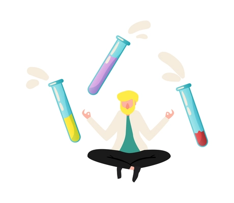 Funny science icon with lab tubes flying around scientist meditating in lotus position vector illustration