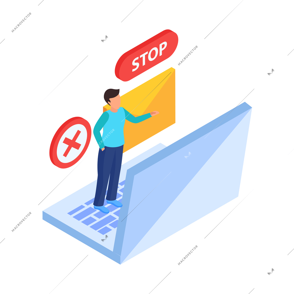 Internet website blocking isometric icon with laptop stop symbols human character 3d vector illustration