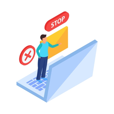 Internet website blocking isometric icon with laptop stop symbols human character 3d vector illustration