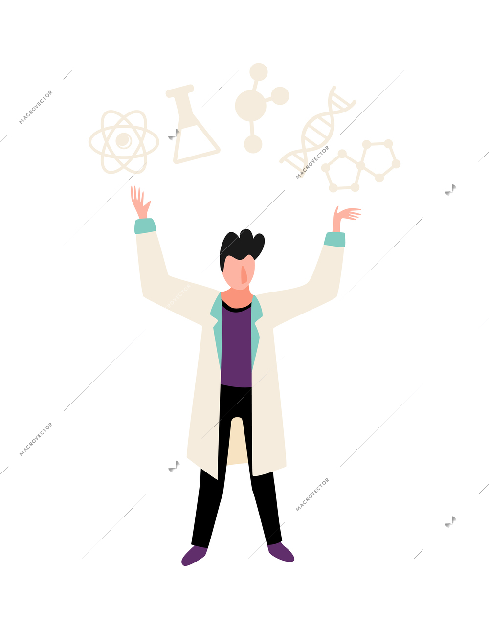 Flat human character of scientist and various science chemical symbols above his head vector illustration