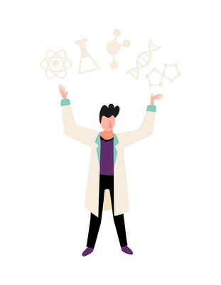 Flat human character of scientist and various science chemical symbols above his head vector illustration