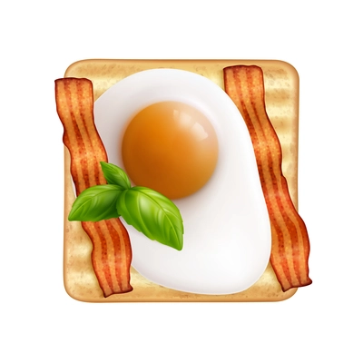 Realistic toast sandwich with fried egg bacon and herbs vector illustration