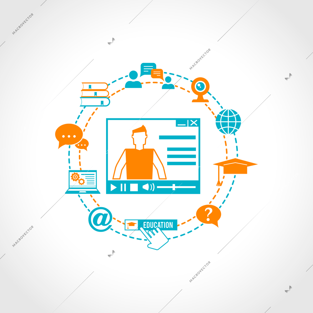 Online education concept with video tutorial and e-learning digital knowledges icons vector illustration