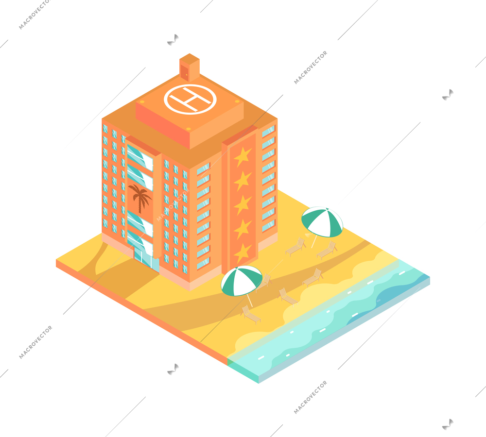 Tropical rest isometric icon with hotel building lounges and umbrellas on beach 3d vector illustration