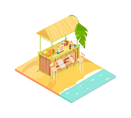 Tropical rest beach bar with various drinks and fruits on seashore isometric icon 3d vector illustration