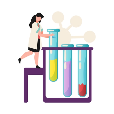 Science lab icon with tiny scientist putting glass tube into rack flat vector illustration