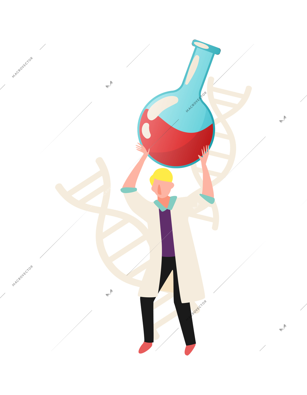 Science lab flat icon with tiny scientist holding flask with liquid vector illustration