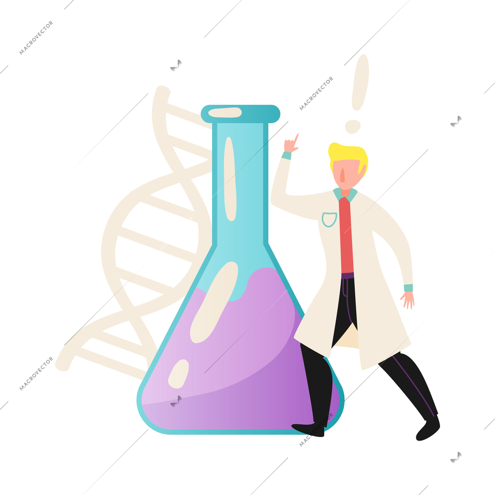 Science laboratory flat icon with tiny human character of scientist and glass flask with liquid vector illustration