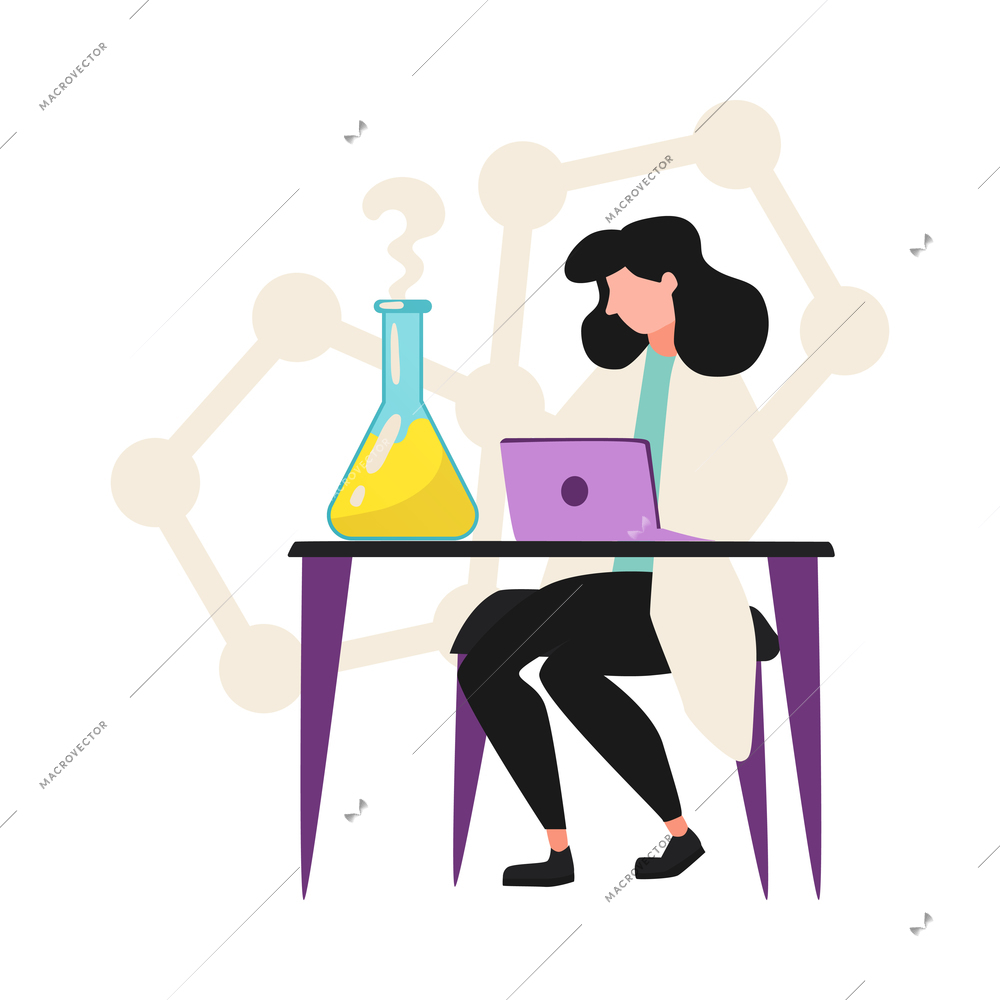 Female scientist working in science laboratory with flask and laptop on table flat vector illustration