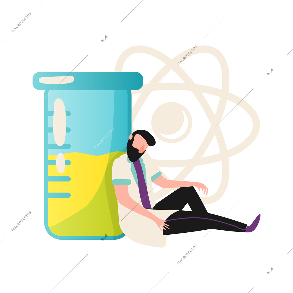 Science lab flat icon with tired scientist and big glass tube vector illustration