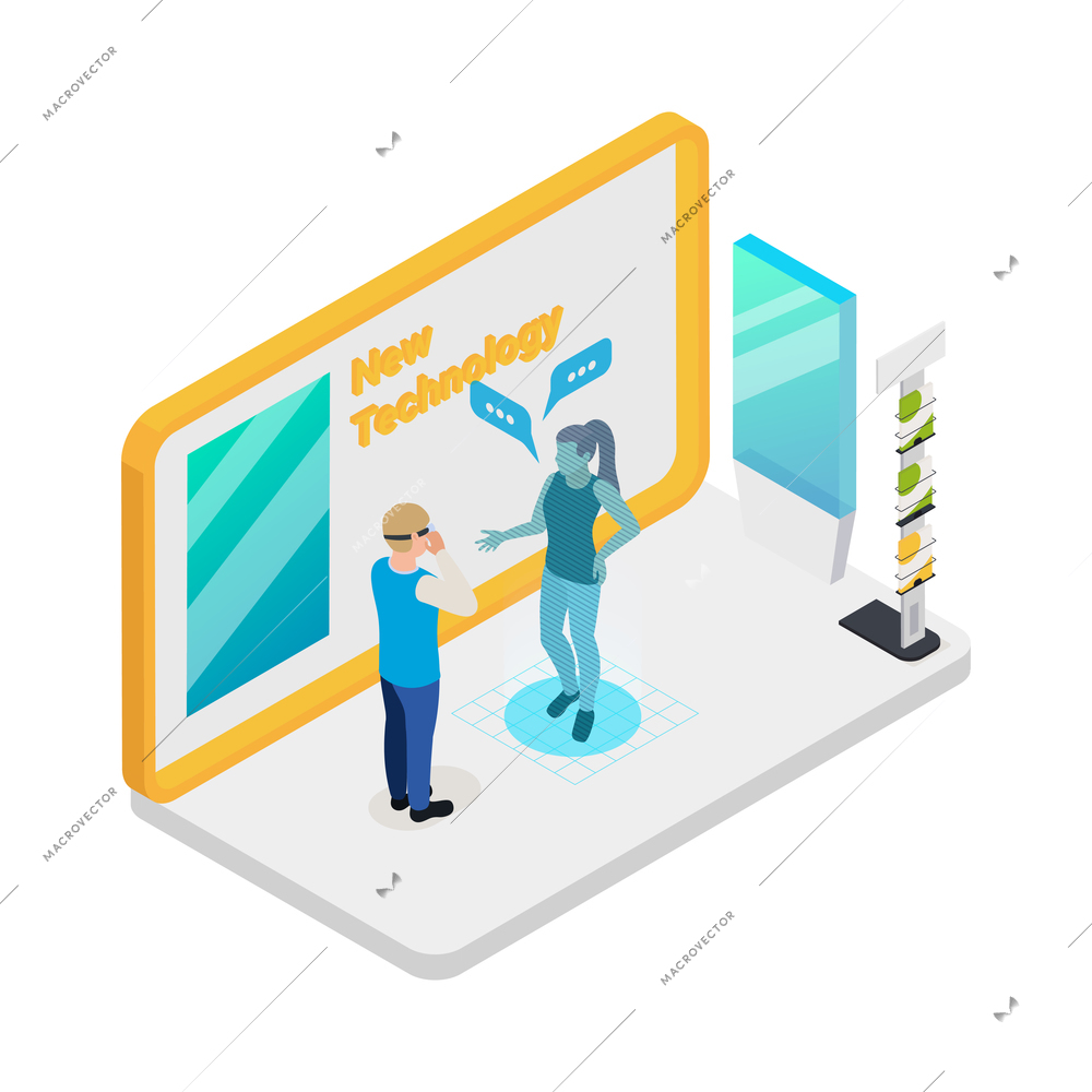 Modern innovative technology products exhibition isometric composition with visitor wearing virtual reality headset vector illustration