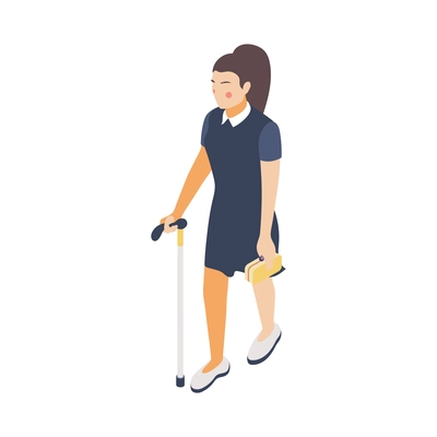 Young disabled woman with walking cane on white background 3d isometric vector illustration