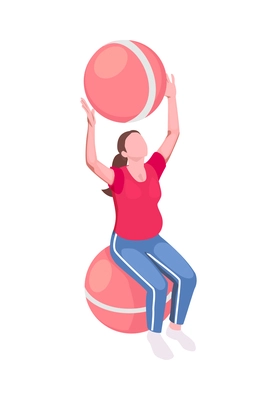 Pregnant woman doing exercises with fitballs 3d isometric vector illustration