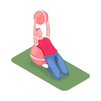 Pregnant woman doing gymnastics with fitballs on mat 3d isometric vector illustration