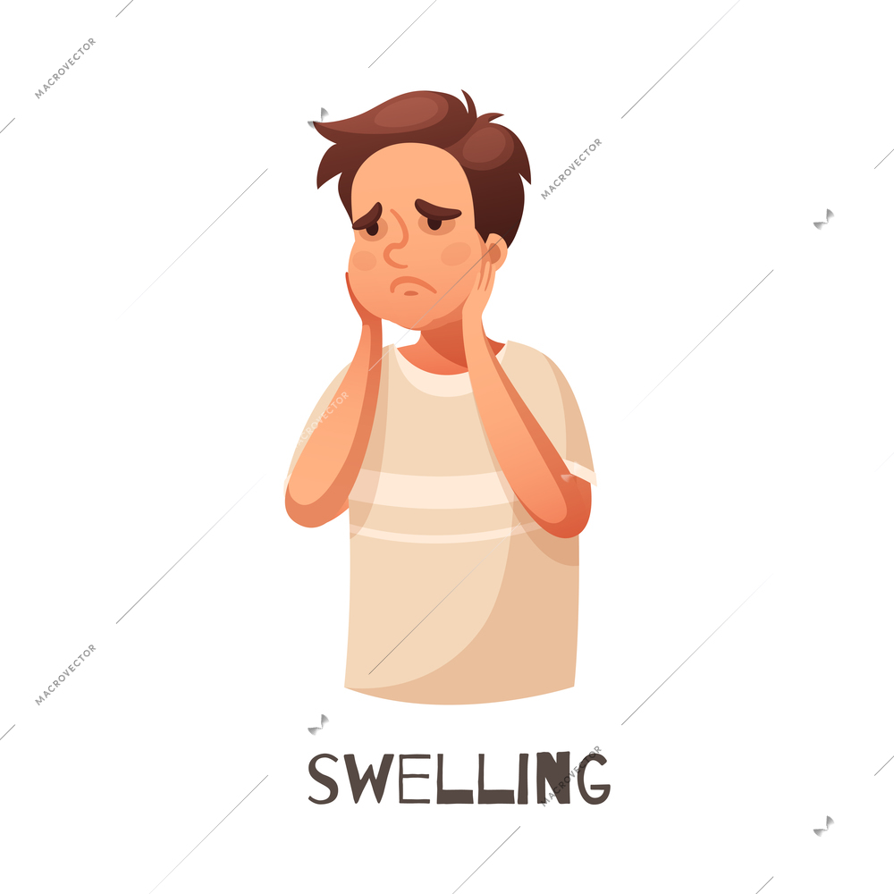 Allergy symptom swelling with sad male character cartoon vector illustration