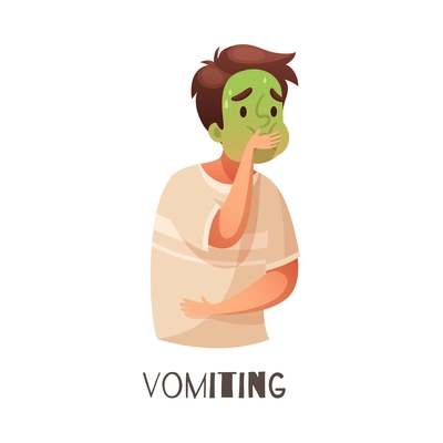 Allergy disease symptom with male character suffering from vomiting cartoon vector illustration