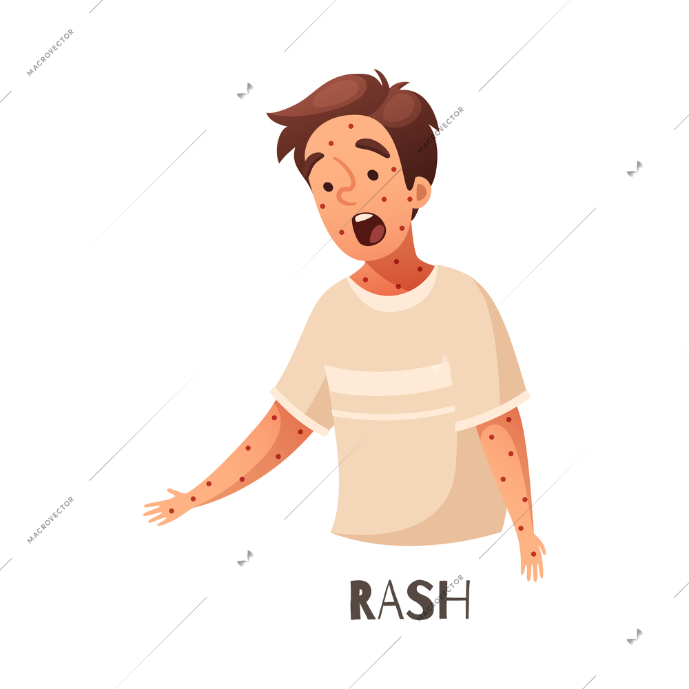 Allergy symptom rash with frightened male cartoon character vector illustration