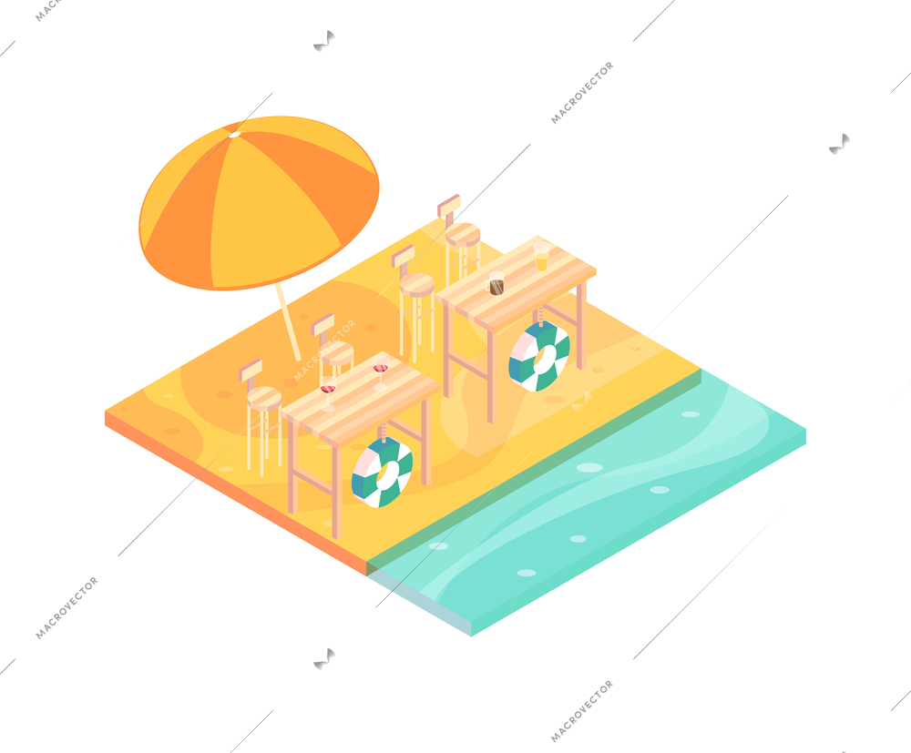 Isometric tropical rest icon with bar on sandy beach and umbrella 3d vector illustration