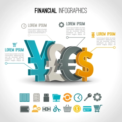 Financial infographic set with 3d currency exchange signs vector illustration