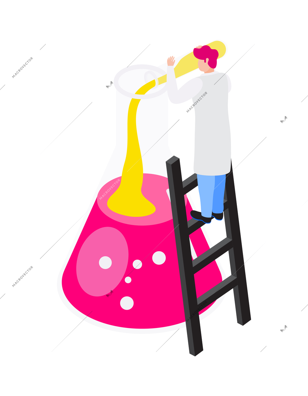 Chemistry isometric icon with scientist pouring reagent into flask 3d vector illustration