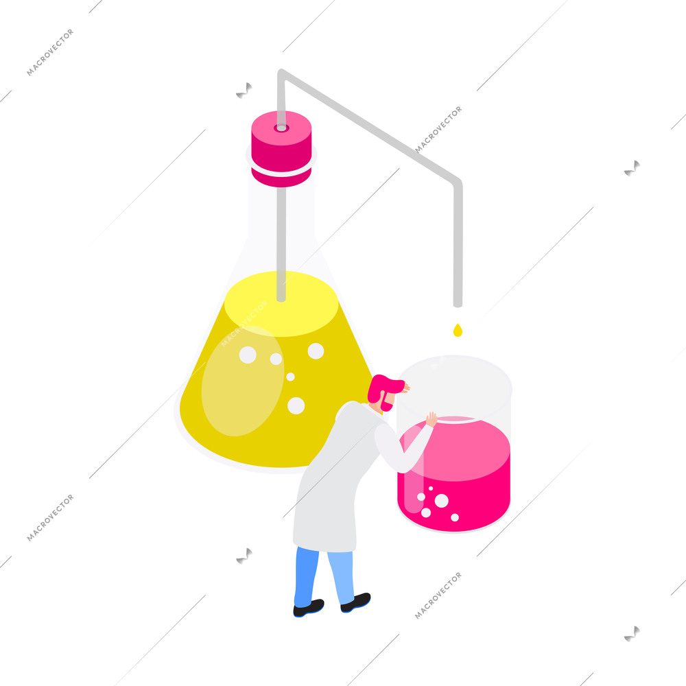 Chemistry isometric icon with character of chemist working with reagents 3d vector illustration