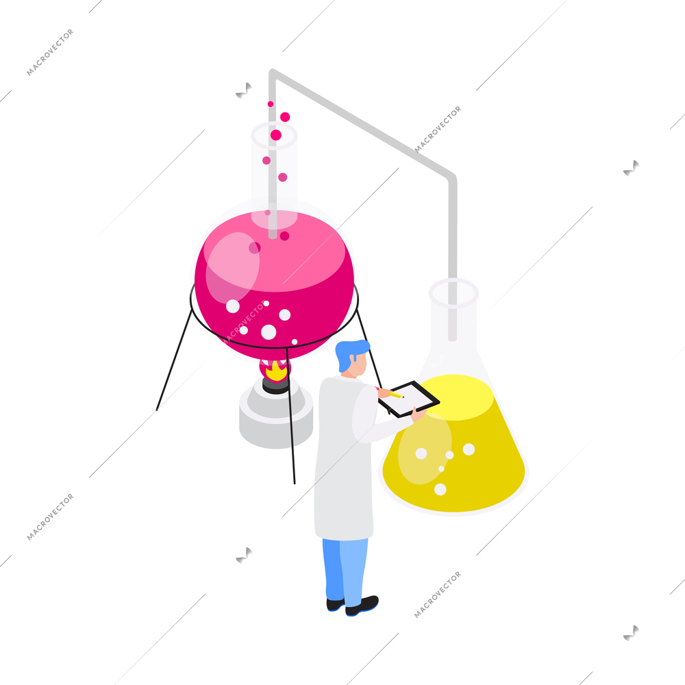 Chemist conducting experiment with flasks and spirit lamp in laboratory 3d isometric icon vector illustration