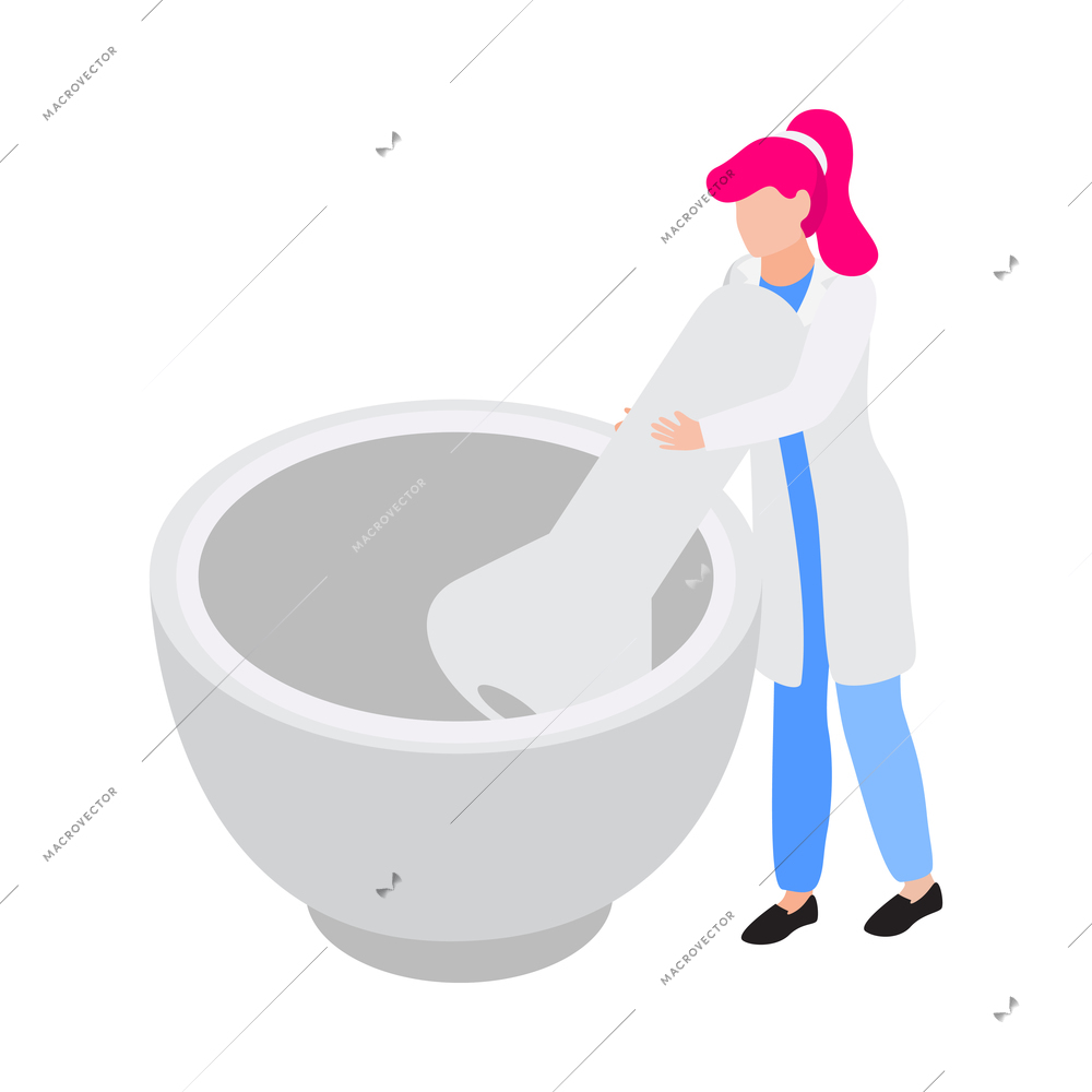 Isometric icon with female pharmacist or chemist working with mortar and pestle 3d vector illustration