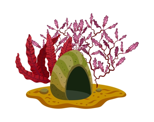 Red seaweeds and stone on sea bottom flat vector illustration