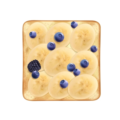 Realistic healthy toast with banana slices blueberry and blackberry vector illustration