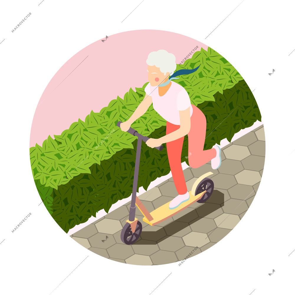 Modern active elderly woman riding scooter 3d isometric icon vector illustration