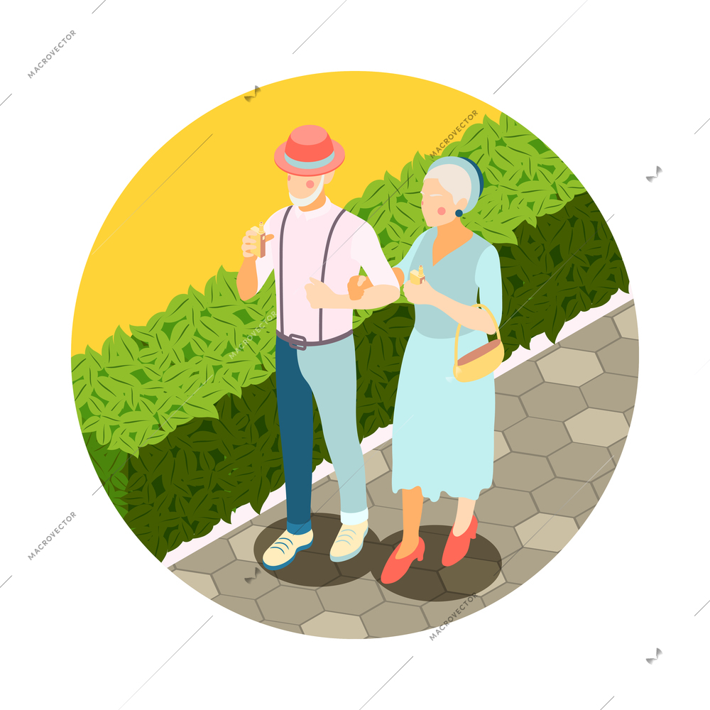 Modern elderly people icon with senior couple walking in park 3d isometric vector illustration