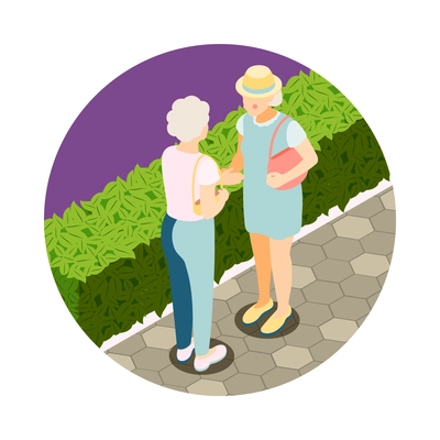 Modern fashionable elderly women communicating outdoors 3d isometric icon vector illustration