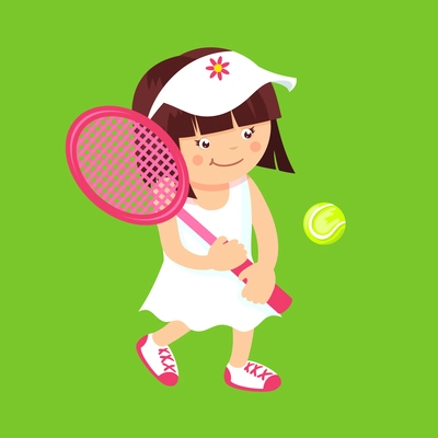 Girl kid with sport tennis racquet and ball isolated on green background vector illustration.