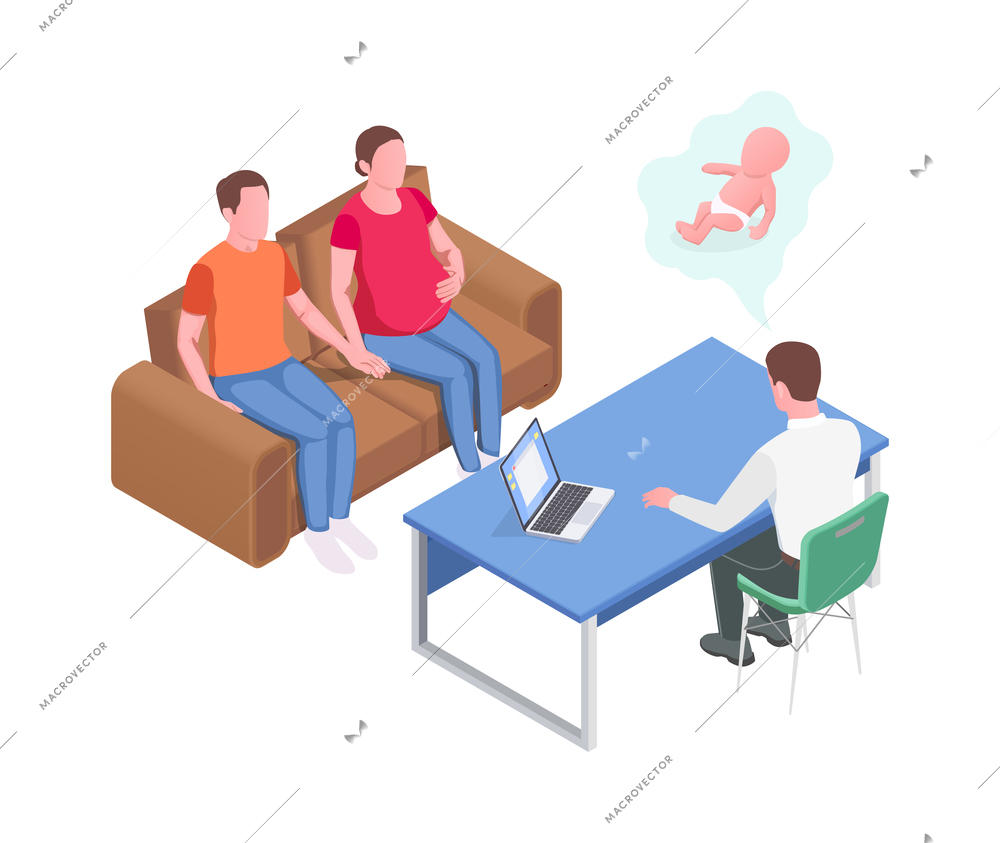 Pregnancy isometric icon with pregnant woman and expectant father consulting doctor 3d vector illustration