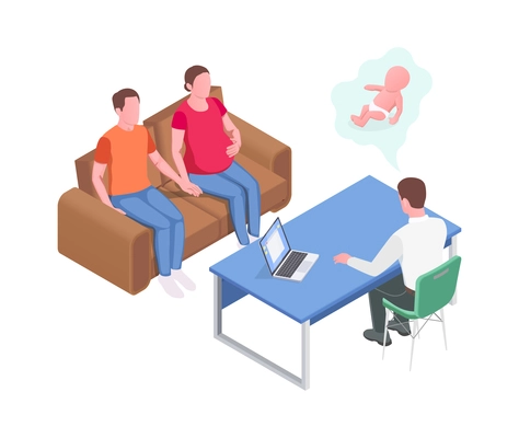 Pregnancy isometric icon with pregnant woman and expectant father consulting doctor 3d vector illustration