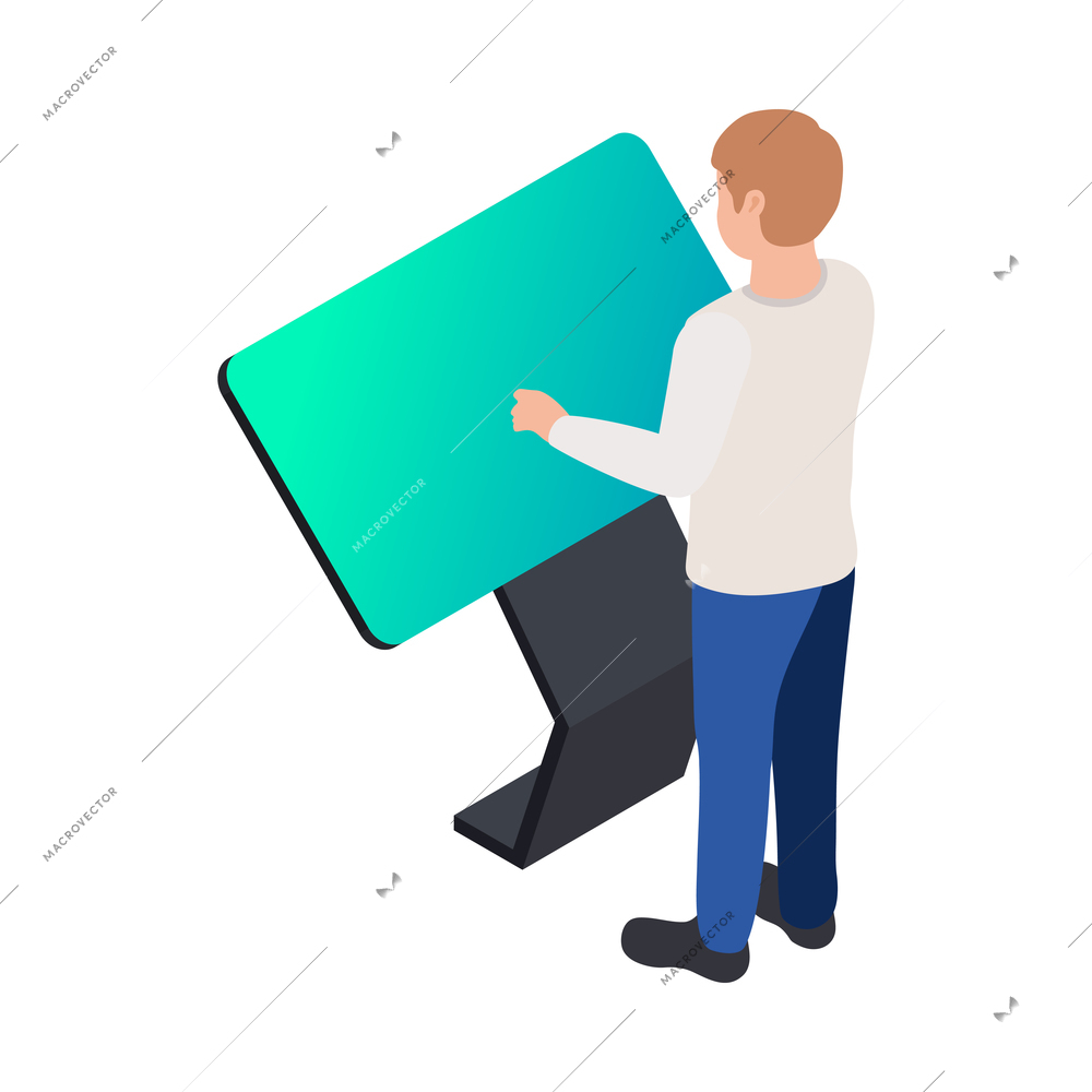 Man using promotional interactive touch screen kiosk 3d isometric vector illustration