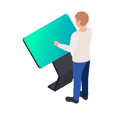 Man using promotional interactive touch screen kiosk 3d isometric vector illustration