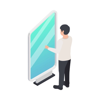 Modern exhibition isometric icon with visitor using interactive touch screen kiosk 3d vector illustration