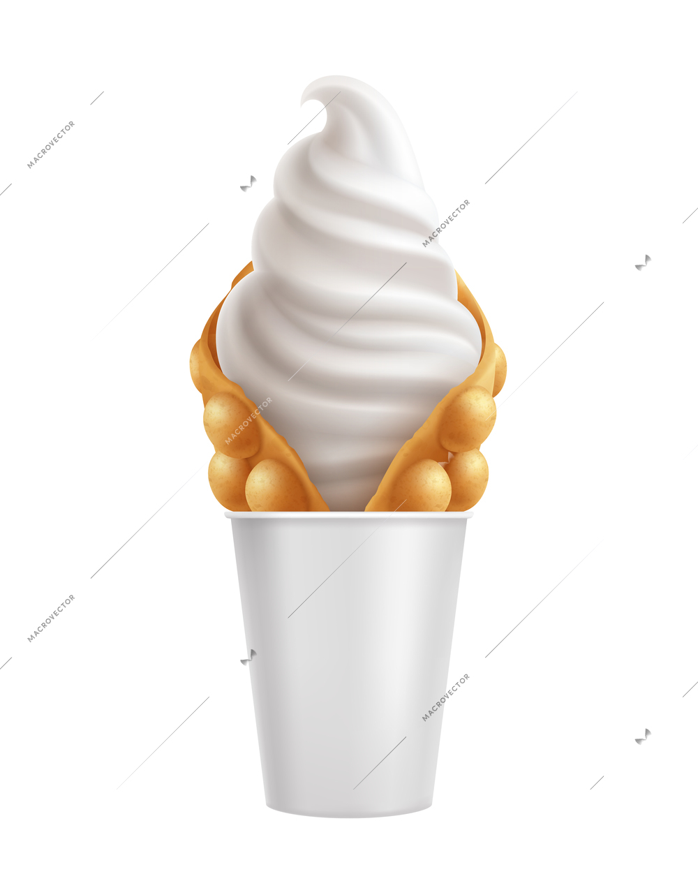 Bubble hong kong waffle with ice cream in white pot realistic vector illustration