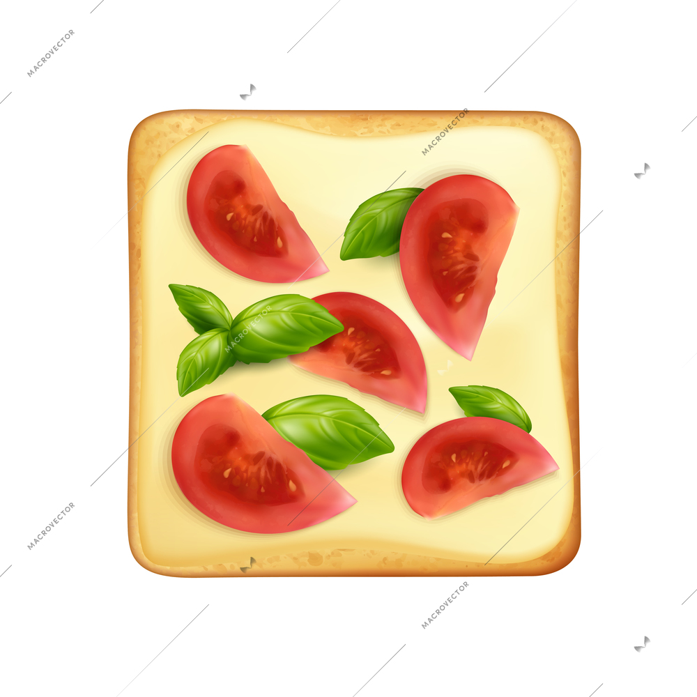 Realistic vegetarian wheat toast with tomato slices basil leaves and cheese vector illustration