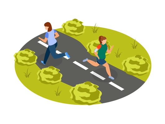 City park outdoor activity isometric 3d icon with two jogging women vector illustration