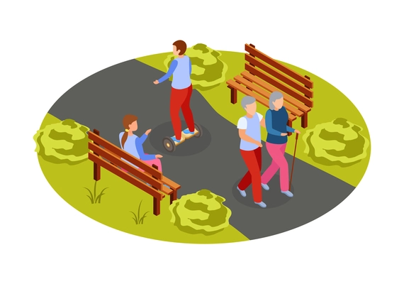 City people walking in park riding segway sitting on bench 3d isometric icon vector illustration