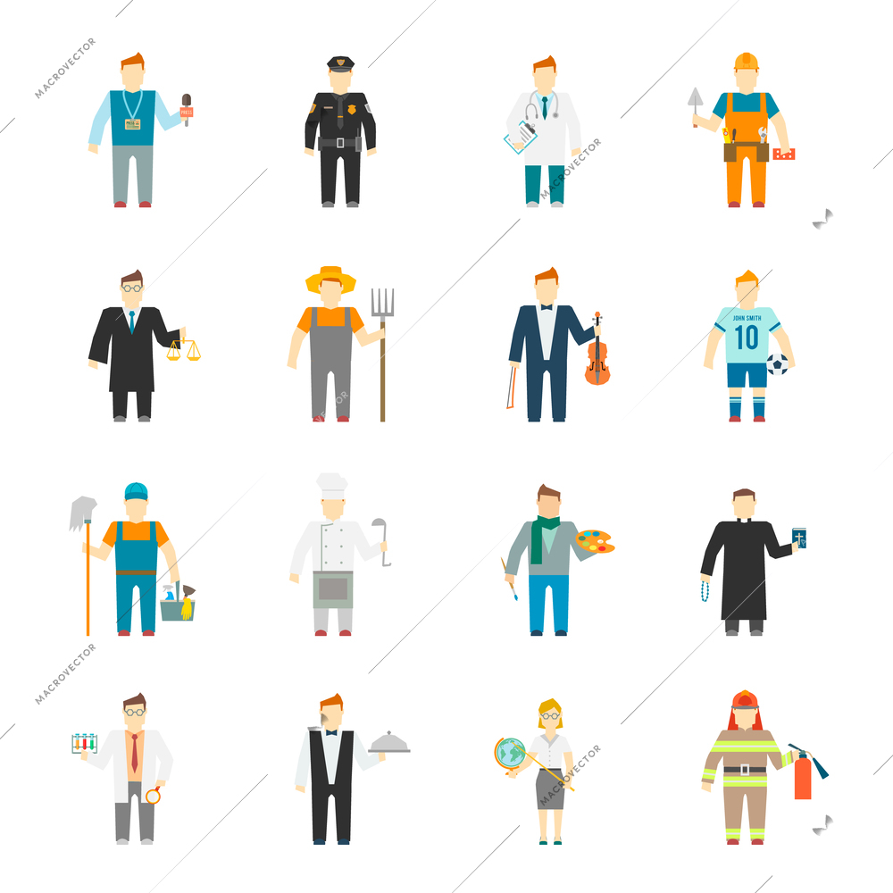 Character icon flat profession set with builder worker cook teacher doctor isolated vector illustration