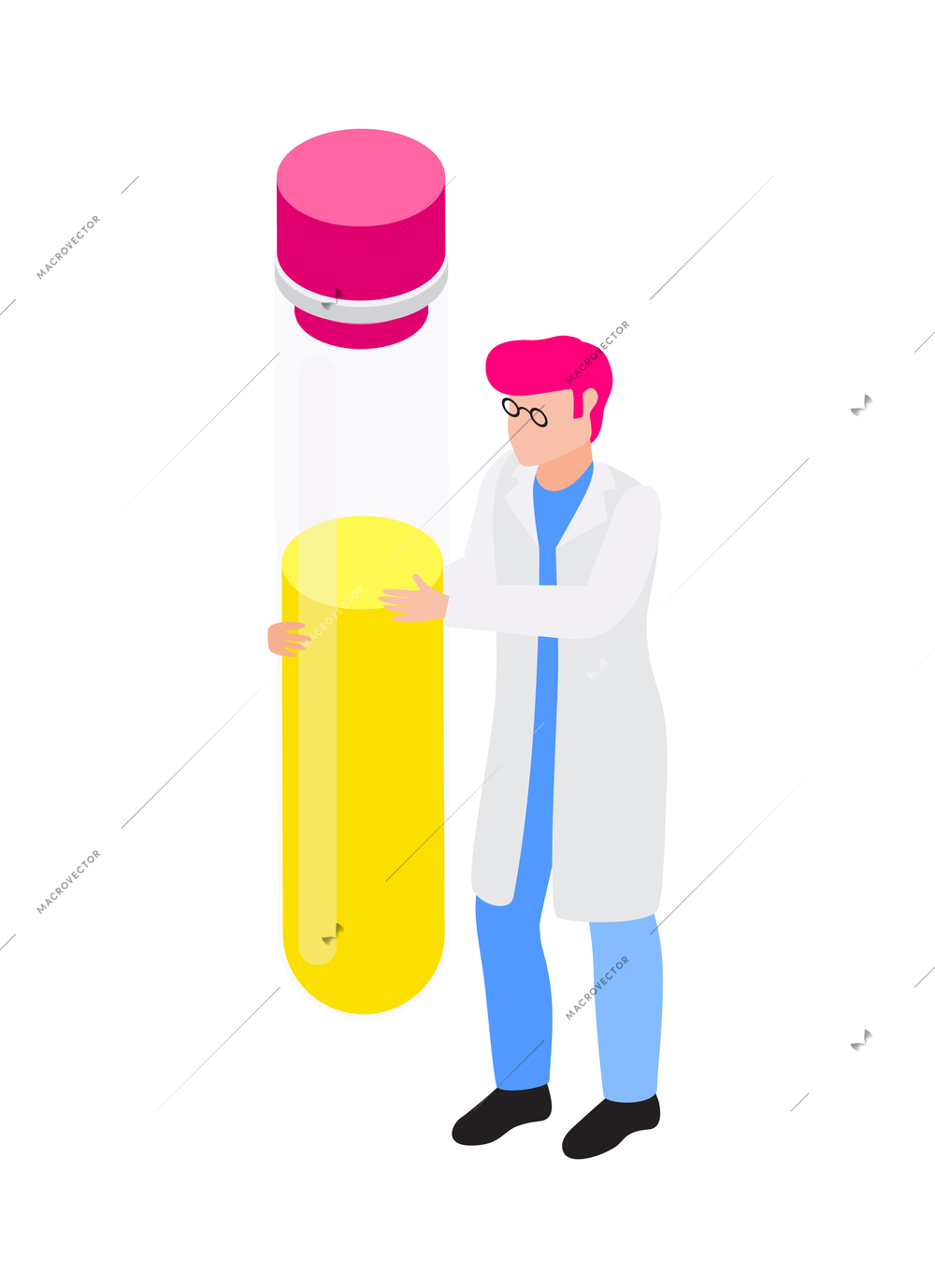 Chemist holding laboratory tube with yellow reagent isometric icon 3d vector illustration