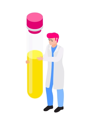 Chemist holding laboratory tube with yellow reagent isometric icon 3d vector illustration