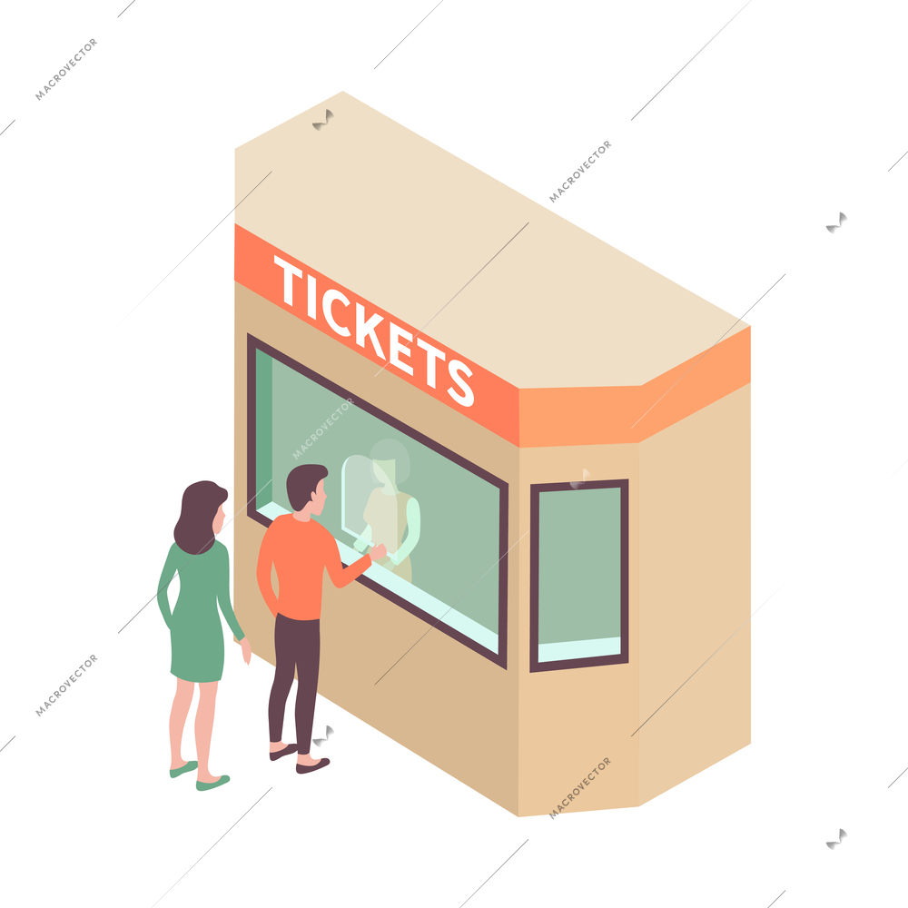People buying tickets at cinema stadium theatre box office 3d isometric icon vector illustration